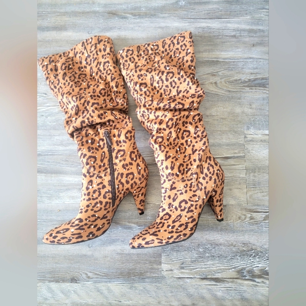 Theodora Leopard Rhinestone Boots Size 8.5